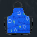Hanukkah Apron<br><div class="desc">This apron has a Hanukkah design of dreidel, Star of David, and “Happy Hanukkah” on a blue background. Great for the season.</div>