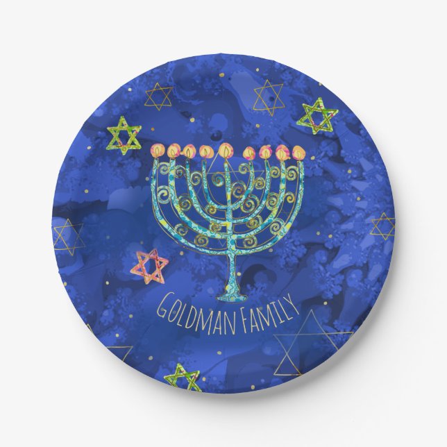 Hanukkah Aqua Menorah Star of David on Blue Paper Plate (Front)