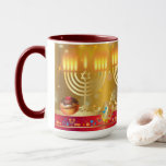 Hanukkah Beautiful Jewish Holiday Gold Mug<br><div class="desc">Happy Hanukkah Lights Festival Jewish Holiday Beautiful gift. Jewish Holiday Chanukah background with traditional Chanukah symbols - Hanukkiah with candles, wooden dreidels (spinning top), doughnuts, Menorah, candles, star of David and glowing lights gold wallpaper pattern. Hanukkah Festival Decoration. Jerusalem, Israel. Home & Living > Kitchen & Dining > Drinkware >...</div>