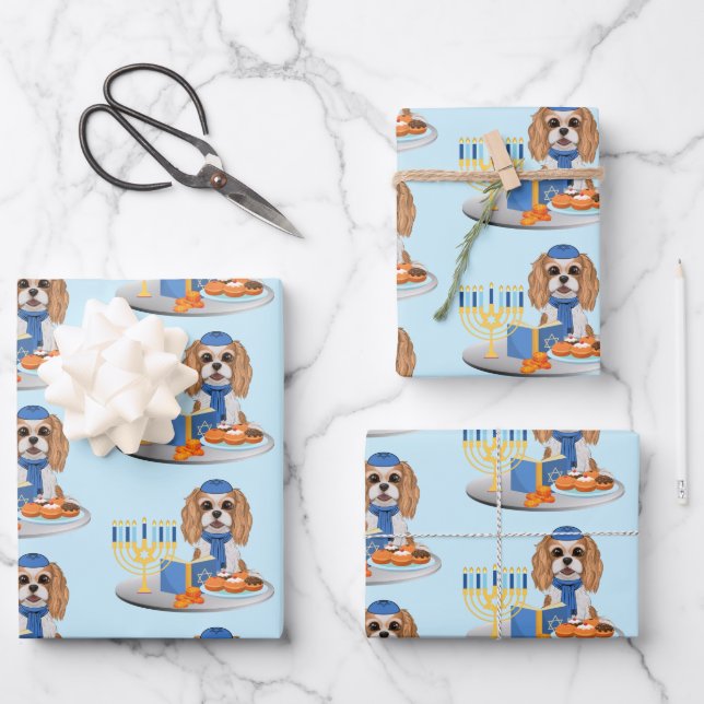 Hanukkah Blenheim Cavalier King Charles Spaniel Wrapping Paper Sheet (Front)