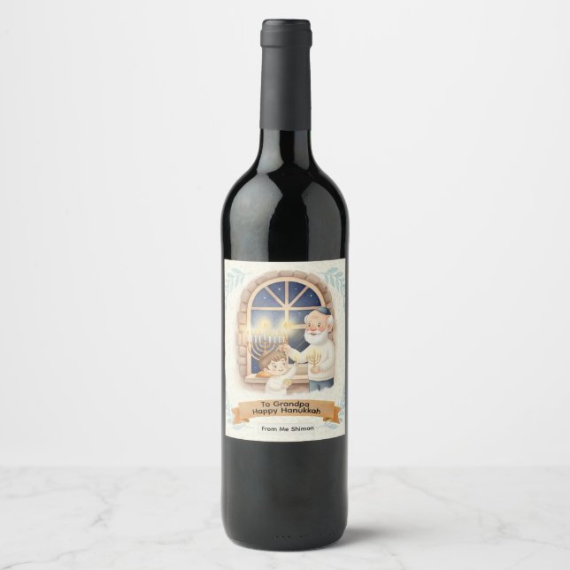 Hanukkah Blessing – Grandfather and Child Wine Label (Front)