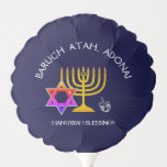 Hanukkah Blessings | BARUCH ATAH ADONAI | Chanukah Balloon<br><div class="desc">Stylish, modern HANUKKAH balloon. Design shows a gold coloured MENORAH with multicolored STAR OF DAVID and silver grey DREIDEL. At the top there is curved text which says BARUCH ATAH, ADONAI (Blessed are You, O God) and underneath the text reads HANUKKAH BLESSINGS. ALL TEXT IS CUSTOMIZABLE, so you can personalise...</div>