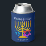 Hanukkah Blessings Can Cooler<br><div class="desc">Modern, stylish HANUKKAH BLESSINGS can cooler, designed with large menorah (hanukkiyah) at the centre, and blue dreidel and colourful Star of David on either side. Text reads HANUKKAH BLESSINGS and FROM OUR HOME TO YOURS. Both of these are CUSTOMIZABLE so you can customise with your own message, add your name...</div>