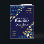 HANUKKAH BLESSINGS Dreidel Menorah Stars Religious Holiday Card<br><div class="desc">Stylish blue and gold GREETING CARD to wish your family and friends a Happy Hanukkah, which says WISHING YOU THE BEST OF HANUKKAH BLESSINGS in white typography with FAMILY, FRIENDS & FUN and PEACE, LOVE & JOY in cyan blue typography in the corners. This is set against a background of...</div>