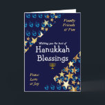 HANUKKAH BLESSINGS Dreidel Menorah Stars Religious Holiday Card<br><div class="desc">Stylish blue and gold GREETING CARD to wish your family and friends a Happy Hanukkah, which says WISHING YOU THE BEST OF HANUKKAH BLESSINGS in white typography with FAMILY, FRIENDS & FUN and PEACE, LOVE & JOY in cyan blue typography in the corners. This is set against a background of...</div>