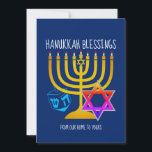 HANUKKAH BLESSINGS | From Our Home To Yours Holiday Card<br><div class="desc">Modern, stylish HANUKKAH BLESSINGS Greeting Card, designed with large menorah (hanukkiyah) at the centre, and blue dreidel and colourful Star of David on either side. Text reads HANUKKAH BLESSINGS and FROM OUR HOME TO YOURS. Both of these are CUSTOMIZABLE so you can personalise with your own message, add your name...</div>