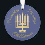 Hanukkah Blessings Gold Menorah Personalised Ornament<br><div class="desc">Add your name to this midnight blue Hanukkah Blessings ornament with a modern style gold Menorah and elegant gold tone text for a one of a kind personalised keepsake. This simple Menorah graphic is my original design with a pattern of dots on the base barely lighter candles in gold tones....</div>