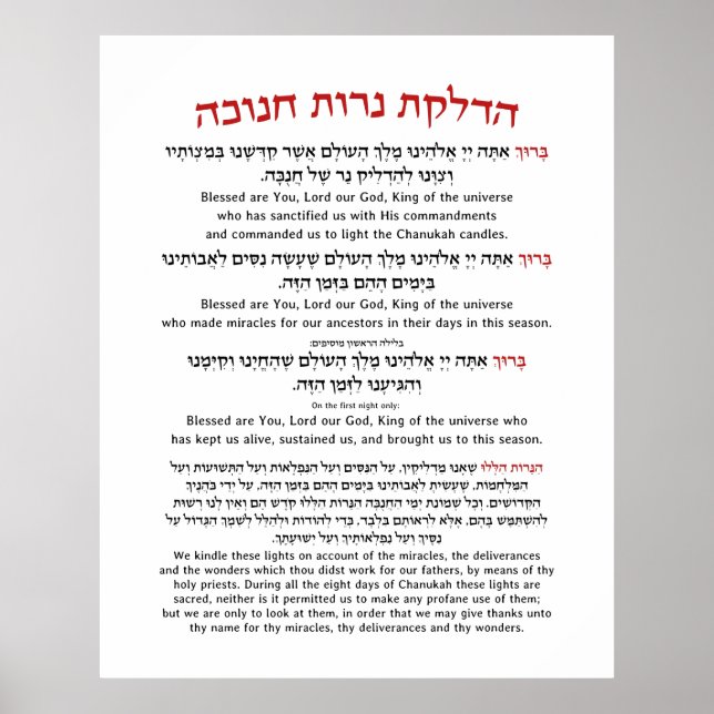 Hanukkah Blessings Hebrew English Lighting Candles Poster (Front)
