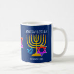 Hanukkah Blessings Monogram Coffee Mug<br><div class="desc">Modern, stylish HANUKKAH BLESSINGS coffee mug, designed with large menorah (hanukkiyah) at the centre, and blue dreidel and colourful Star of David on either side. Text reads HANUKKAH BLESSINGS and FROM OUR HOME TO YOURS. Both of these are CUSTOMIZABLE so you can customise with your own message, add your name...</div>