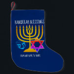 HANUKKAH BLESSINGS SMALL CHRISTMAS STOCKING<br><div class="desc">Modern, stylish HANUKKAH BLESSINGS Greeting Card, designed with large menorah (hanukkiyah) at the centre, and blue dreidel and colourful Star of David on either side. Text reads HANUKKAH BLESSINGS and FROM OUR HOME TO YOURS. Both of these are CUSTOMIZABLE so you can customise with your own message, or add your...</div>