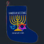 HANUKKAH BLESSINGS SMALL CHRISTMAS STOCKING<br><div class="desc">Modern, stylish HANUKKAH BLESSINGS Greeting Card, designed with large menorah (hanukkiyah) at the centre, and blue dreidel and colourful Star of David on either side. Text reads HANUKKAH BLESSINGS and FROM OUR HOME TO YOURS. Both of these are CUSTOMIZABLE so you can customise with your own message, or add your...</div>