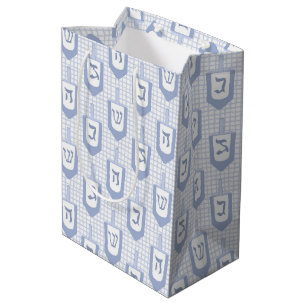 Hanukkah Blue and White Dreidel Pattern on Gingham Medium Gift Bag