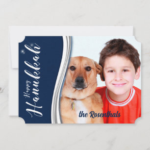 Hanukkah Blue and White with Photo and Name Holiday Card