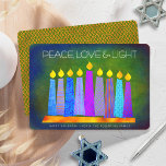 Hanukkah Blue Boho Candles Green Peace Love Light Holiday Card<br><div class="desc">“Peace, love & light.” A playful, modern, artsy illustration of boho pattern candles in a menorah helps you usher in the holiday of Hanukkah. Assorted blue candles with colourful faux foil patterns overlay a rich, deep green textured background. Faux copper pattern foil on a green background for the reverse side....</div>