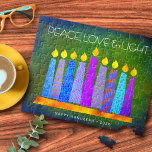 Hanukkah Blue Boho Candles Green Peace Love Light Jigsaw Puzzle<br><div class="desc">“Peace, love & light.” A playful, modern, artsy illustration of boho pattern candles in a menorah helps you usher in the holiday of Hanukkah. Assorted blue candles with colourful faux foil patterns overlay a rich, deep green textured background. Feel the warmth and joy of the holiday season whenever you use...</div>