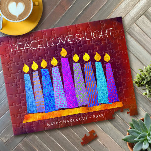 Hanukkah Blue Boho Candles on Red Peace Love Light Jigsaw Puzzle