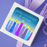 Hanukkah Blue Boho Candles Turquoise Peace Love Square Sticker<br><div class="desc">“Peace, love & light.” A playful, modern, artsy illustration of boho pattern candles helps you usher in the holiday of Hanukkah. Assorted blue candles with colourful faux foil patterns overlay a turquoise gradient to white textured background. Feel the warmth and joy of the holiday season whenever you use this stunning,...</div>