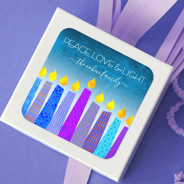 Hanukkah Blue Boho Candles Turquoise Peace Love Square Sticker (Creator Uploaded)