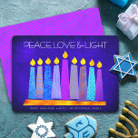 Hanukkah Blue Boho Pattern Candle Peace Love Light Holiday Card<br><div class="desc">“Peace, love & light.” A playful, modern, artsy illustration of boho pattern candles in a menorah helps you usher in the holiday of Hanukkah. Assorted blue candles with colourful faux foil patterns overlay a rich, deep blue textured background. Faux hot pink purple pattern foil on a cornflower blue background for...</div>