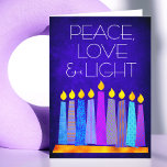 Hanukkah Blue Boho Pattern Candle Peace Love Light Holiday Card<br><div class="desc">“Peace, love & light.” A playful, modern, artsy illustration of boho pattern candles in a menorah helps you usher in the holiday of Hanukkah. Assorted blue candles with colourful faux foil patterns overlay a rich, deep blue textured background. Feel the warmth and joy of the holiday season whenever you send...</div>