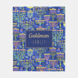 Hanukkah Blue Gold Menorah Star of David Name Fleece Blanket