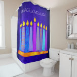 Hanukkah Blue Pattern Boho Candle Peace Love Light Shower Curtain<br><div class="desc">“Peace, love & light.” A playful, modern, artsy illustration of boho pattern candles in a menorah helps you usher in the holiday of Hanukkah. Assorted blue candles with colourful faux foil patterns overlay a rich, deep blue textured background. Feel the warmth and joy of the holiday season whenever you use...</div>