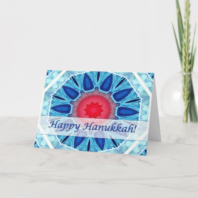 Hanukkah Blue Red and Aqua Mandala Card (Front)