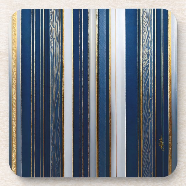 Hanukkah Blues Stripes Blue White Gold Coaster (Front)