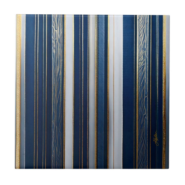 Hanukkah Blues Stripes Blue White Gold Tile (Front)