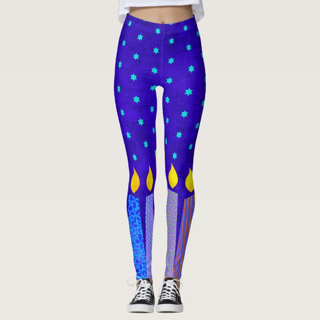 Hanukkah Boho Candles Turquoise Star of David Blue Leggings (Front)
