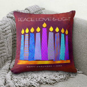 Hanukkah Bold Blue Candles on Red Peace Love Light Cushion