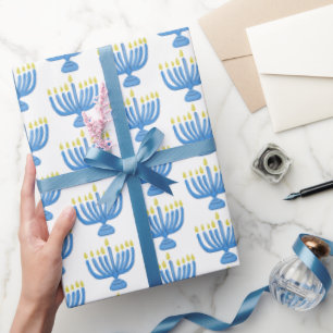 Hanukkah Botanical Menorah Watercolor Blue Wrapping Paper