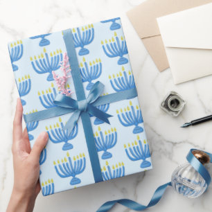 Hanukkah Botanical Menorah Watercolor Blue Wrapping Paper