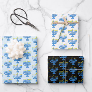Hanukkah Botanical Menorah Watercolor Blue Wrapping Paper Sheet