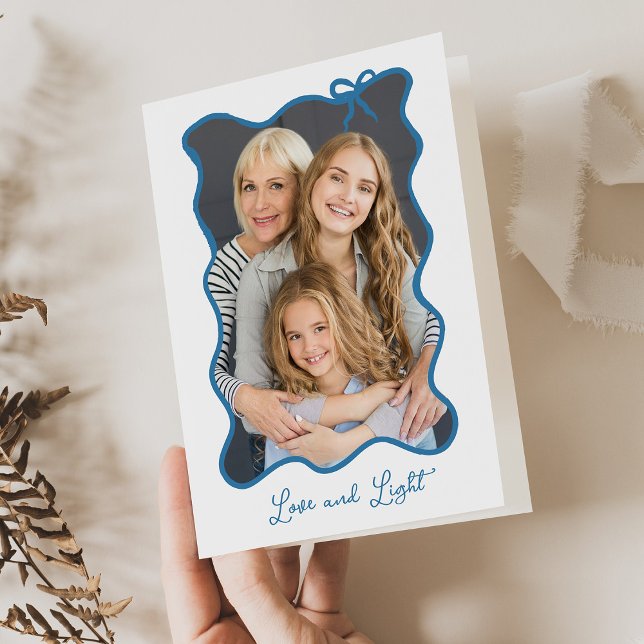 Hanukkah Bow | Wavy Blue and White Photo Frame Holiday Card (Creator Uploaded)