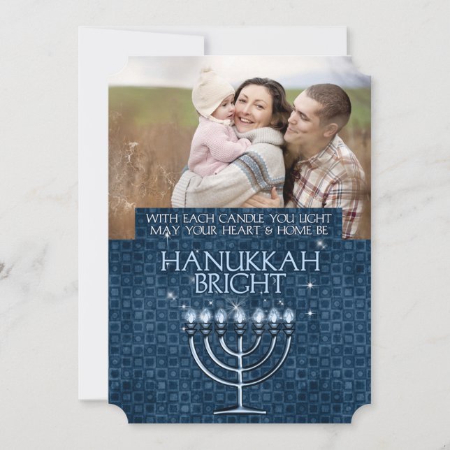 Hanukkah Bright Blue Menorah 3-Photo Holiday Card (Front)