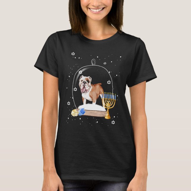 Hanukkah British Bulldog Dog Snow Globe Pajama T-Shirt (Front)