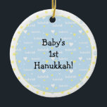 Hanukkah "Bubeleh"/Blue/Yel hearts/Circle Ornament<br><div class="desc">Hanukkah "Bubeleh"/Blue/Yellow hearts-Circle Ornament. (2 sided) Personalise by deleting "Baby's 1st Hanukkah!" on front and back of ornament. Then using your favourite font colour, size and style, type in your own words. Thanks for stopping and shopping by. Much appreciated! Happy Chanukah/Hanukkah! Bring a lot more holiday cheer to your tree...</div>