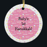 Hanukkah "Bubeleh"/Pink/Circle Ornament<br><div class="desc">Hanukkah "Bubeleh"/Pink hearts-Circle Ornament. (2 sided) Personalise by deleting "Baby's 1st Hanukkah!" on front and back of ornament. Then using your favourite font colour, size and style, type in your own words. Thanks for stopping and shopping by. Much appreciated! Happy Chanukah/Hanukkah! Bring a lot more holiday cheer to your tree...</div>