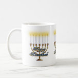 Hanukkah candles mug menorah<br><div class="desc">Hanukkah candles menorah mug illustration with 3D text sign of Jewish faith, Shalom.</div>
