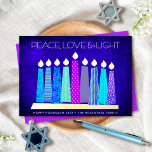 Hanukkah Candles Peace Love Light Blue Real Gold Foil Holiday Card<br><div class="desc">“Peace, love & light.” A playful, modern, artsy illustration of boho pattern candles in a menorah helps you usher in the holiday of Hanukkah. Assorted blue candles with colourful real gold foil patterns, real gold foil flames and menorah, overlay a rich, deep blue textured background. Faux hot pink purple diamond...</div>