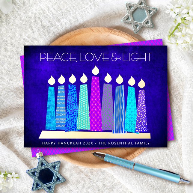 Hanukkah Candles Peace Love Light Blue Real Gold Foil Holiday Card (Creator Uploaded)