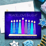 Hanukkah Candles Peace Love Light Blue Real Gold Foil Holiday Postcard<br><div class="desc">“Peace, love & light.” A playful, modern, artsy illustration of boho pattern candles in a menorah helps you usher in the holiday of Hanukkah. Assorted blue candles with colourful faux foil patterns overlay a rich deep navy blue textured background. On the back, type in your personal copy using the easy...</div>