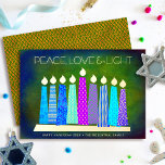 Hanukkah Candles Peace Love Light Green Real Gold Foil Holiday Card<br><div class="desc">“Peace, love & light.” A playful, modern, artsy illustration of boho pattern candles in a menorah helps you usher in the holiday of Hanukkah. Assorted blue candles with colourful real gold foil patterns, real gold foil flames and menorah, overlay a rich deep green textured background. Faux copper diamond pattern foil...</div>