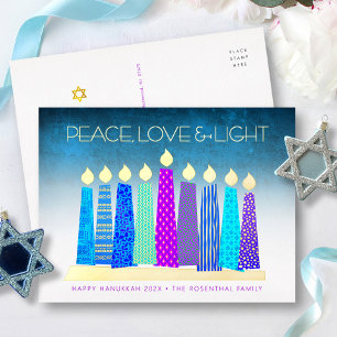 Hanukkah Candles Peace Love Turquoise Real Gold  Foil Holiday Postcard