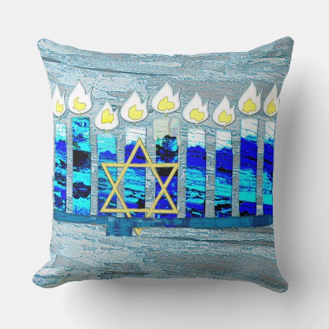 Hanukkah Candles with Gold Star of David Cushion (Front)