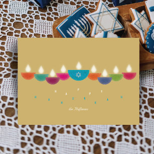 Hanukkah Card Colourful Oil Lamp Menorah Gold