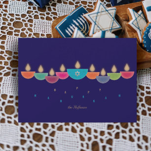 Hanukkah Card Colourful Oil Lamp Menorah Navy