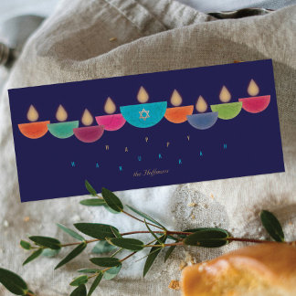 Hanukkah Card | Colourful Oil Lamp Menorah | Navy