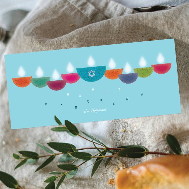 Hanukkah Card | Colourful Oil Lamp Menorah Sky Blu (Creator Uploaded)